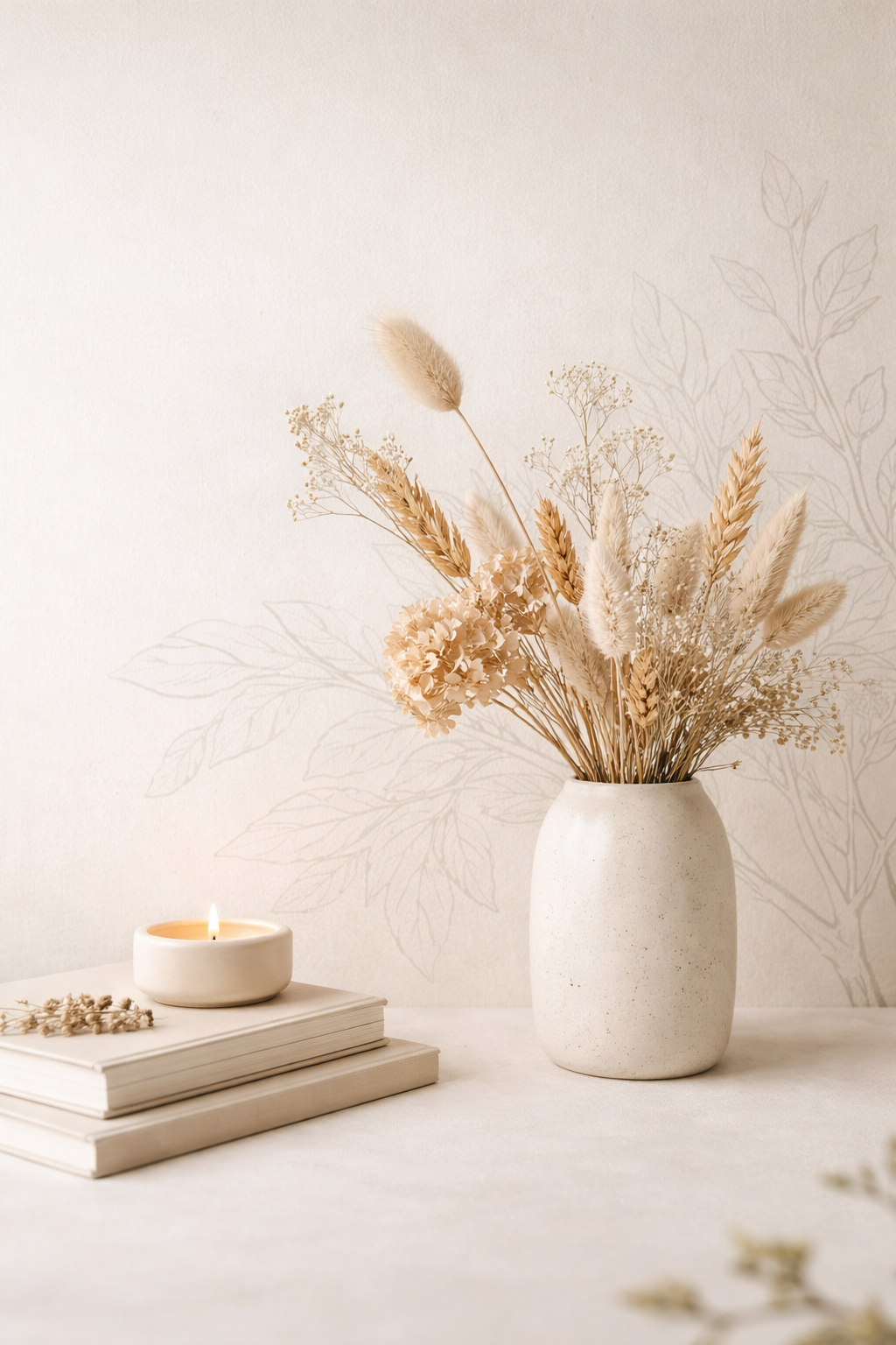 Botanical still life with dried flowers and natural textures