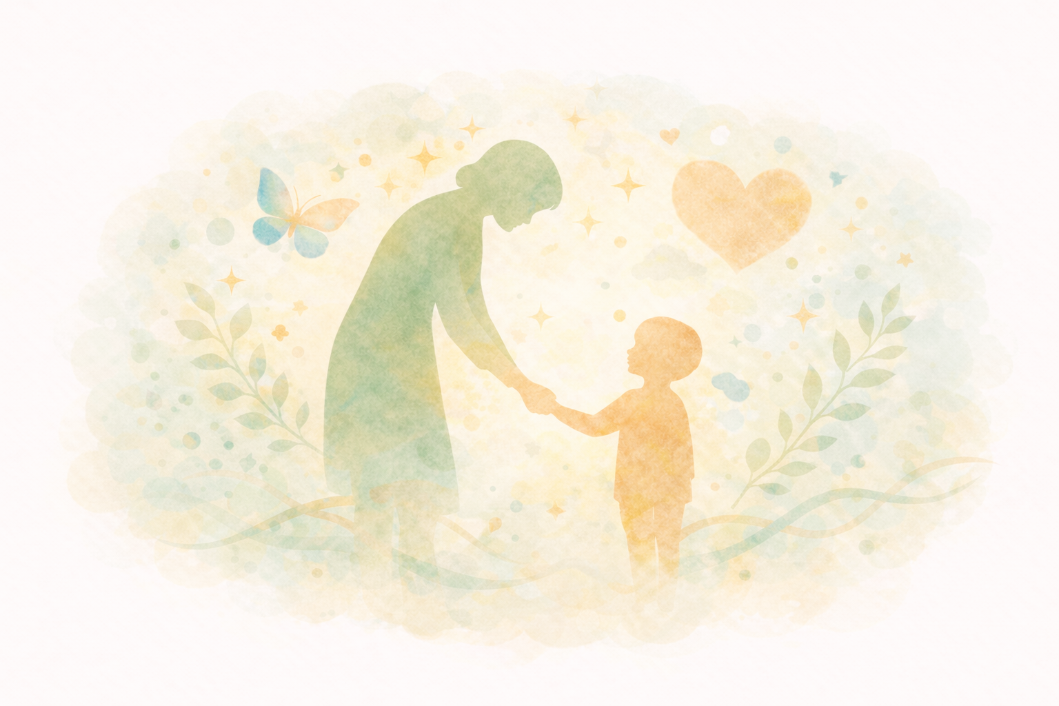 Parents holding hands with their child in warm light, suggesting support and connection.